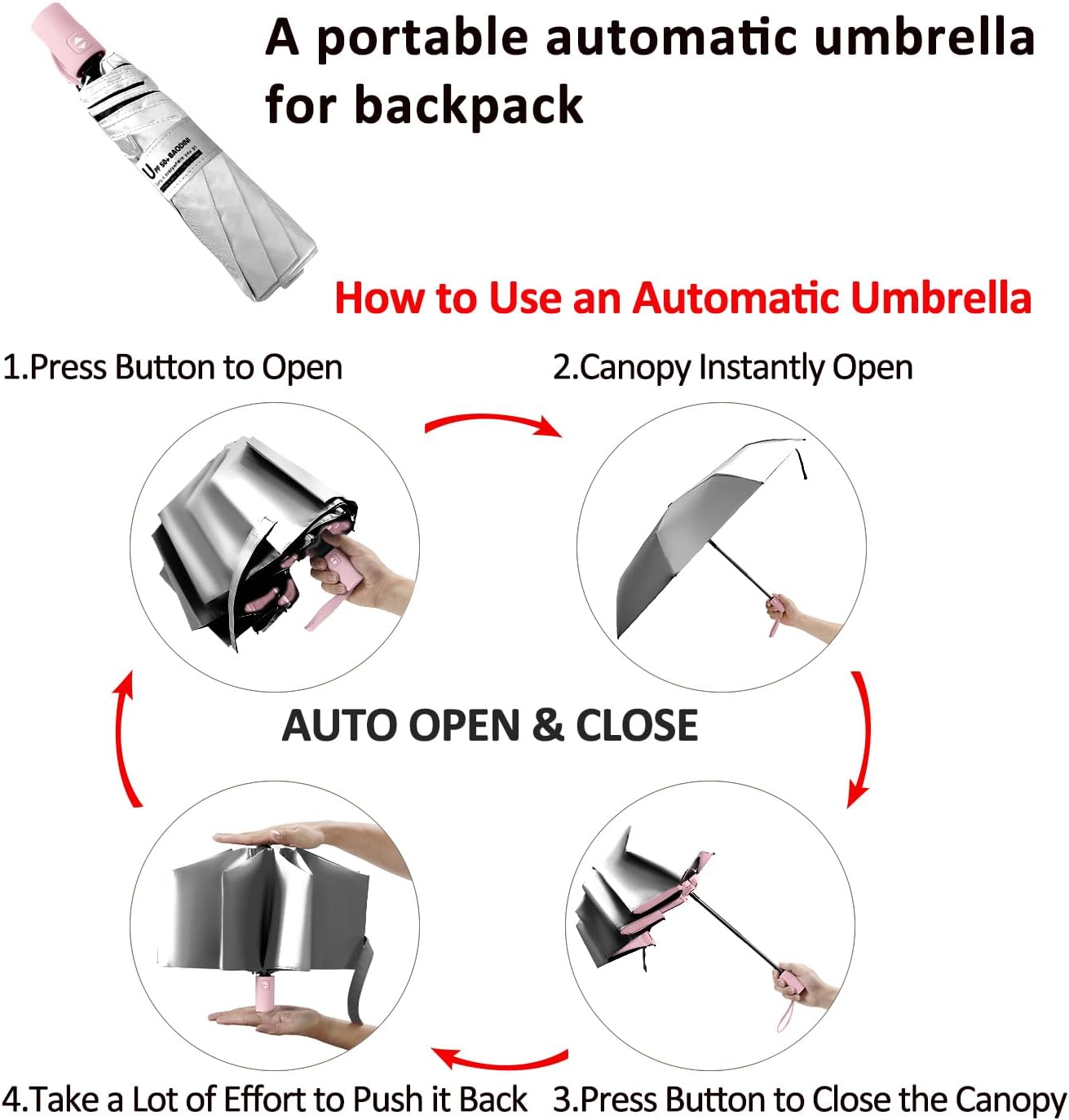 BAODINI Small UV Protection Travel Umbrella Compact for Rain and Sun UPF 50+ 41 inch Portable Umbrella for Women and Men