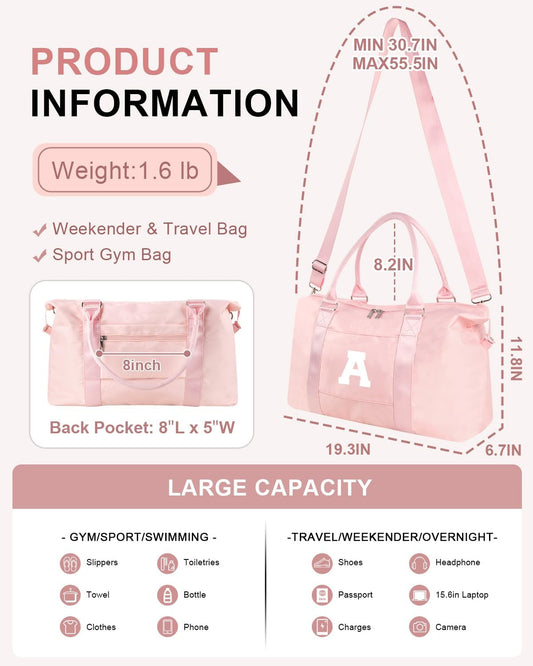 Initial Travel Duffel Bag Sports Gym Bag for Girls Teen Birthday Gifts,Pink Personalized Weekender Carry On Tote Bags for Women Men,Waterproof Overnight Luggage Bag with Trolley Sleeve(Letter A)