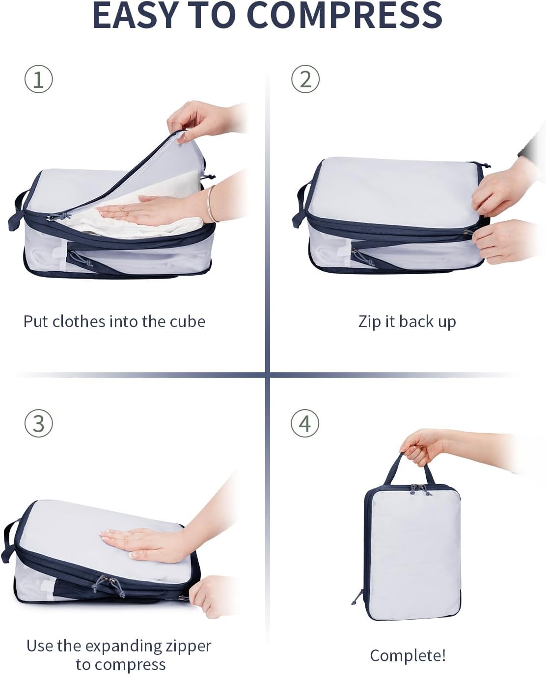 ECOHUB 6 Set Compression Packing Cubes, Lightweight Cruise Ship Vacation Travel Essentials, Durable Travel Accessories for Suitcase Luggage Organizer Bags Set with YKK Zippers Shoe Bag, Dark Blue