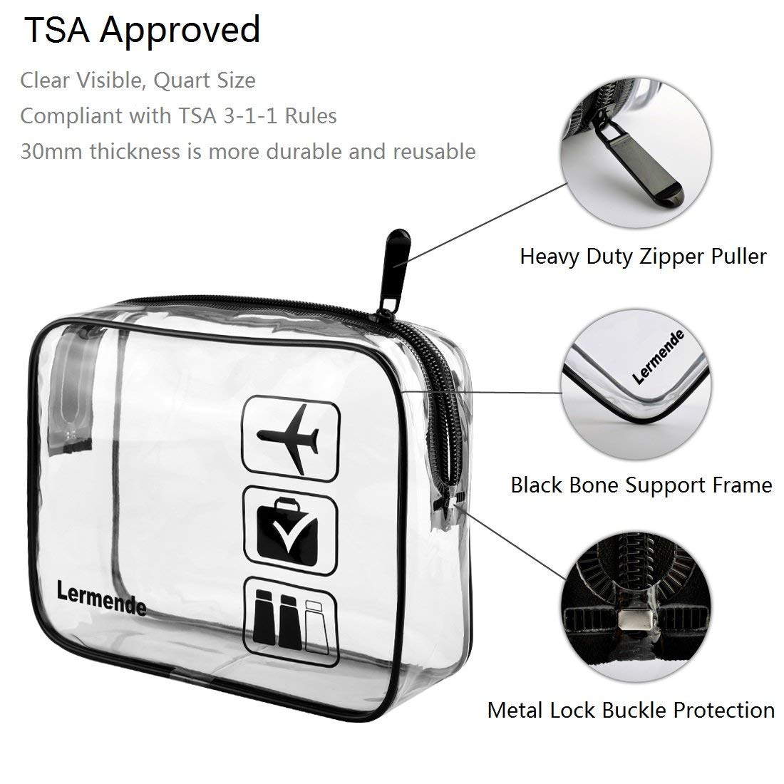 Lermende 2pcs Clear Toiletry Bag TSA Approved Travel Bag,Carry On for Travel,Airport Airline Accessories Compliant Bag,Quart Sized Makeup Cosmetic bag Women Men (Black, 3 Pack)