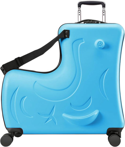 Hardside Ride on Kids Luggage with 4 Spinner Wheels for Girls and Boys,Rolling Childrens Travel Suitcase with Seat and Safety Belt for Toddler Ages 2-6,Verify carry-on police 21 Inch Blue