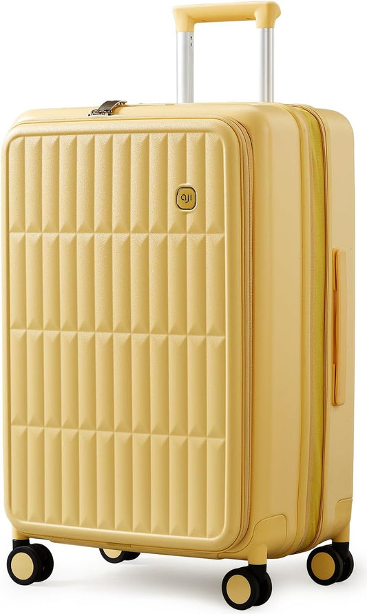 aji Expandable Top Open 24 Inch Checked Luggage with Spinner Wheels, Large Suitcase with TSA Lock, Hardside Travel Luggage Suitcases for Men Women, for 14+Days Travel, Cheese Yellow