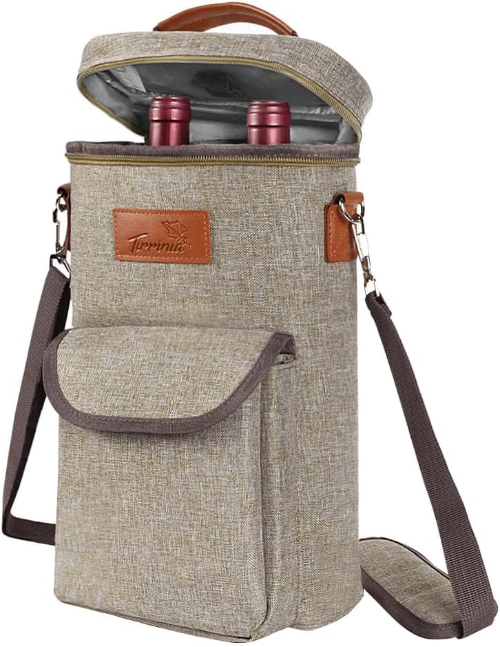 Tirrinia 2 Bottle Wine Gift Tote Carrier - Leakproof & Insulated with large pockets Wine Cooler Bag for Travel, Wine Tasting, Party, Dinner, Great Gift for Wine Lover