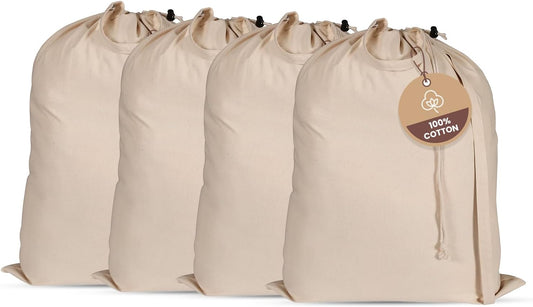LFH Home Large Premium 100% Cotton Canvas Laundry Bag with Drawstring and Handles Heavy Duty, Multi-Use, and Washable for Home, Travel, College or Storage 24x36 (Pack of 4)-Natural