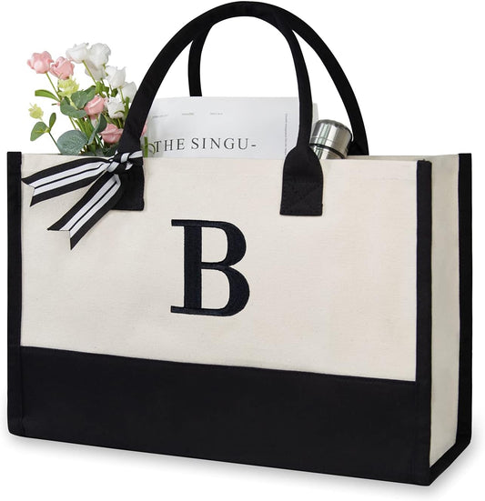TOPDesign Embroidery Initial Canvas Tote Bag, Personalized Present Bag, Suitable for Wedding, Birthday, Beach, Holiday, is a Great Gift for Women, Mom, Teachers, Friends, Bridesmaids (Letter B)