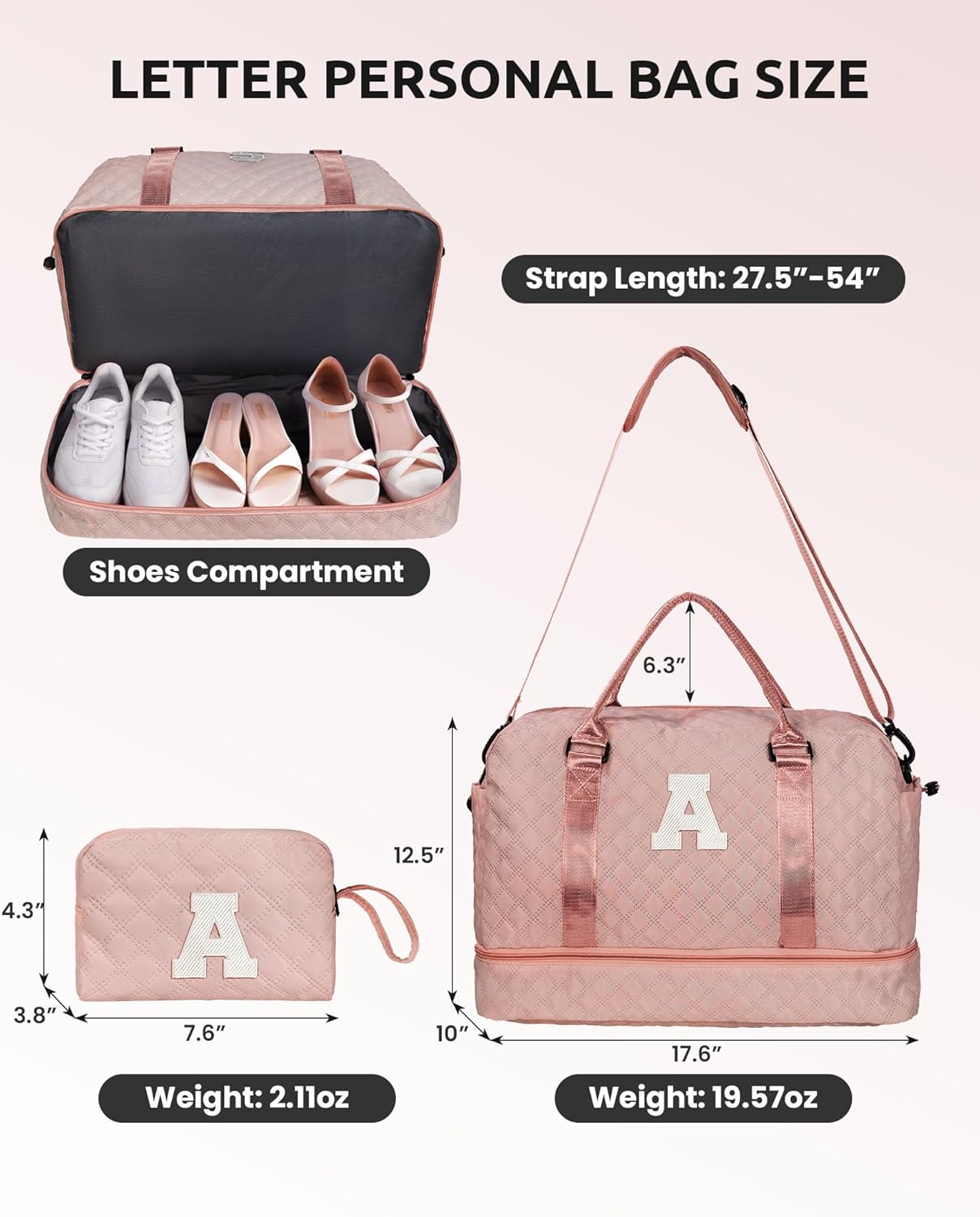 Gifts for Sister-Initial Duffle Bag with Shoe Compartment, Personalized Weekender Bag, Monogram Overnight Bag, Letter Travel Bag with Makeup Bag，Sister Friend Girlfriend Gifts (Letter N)