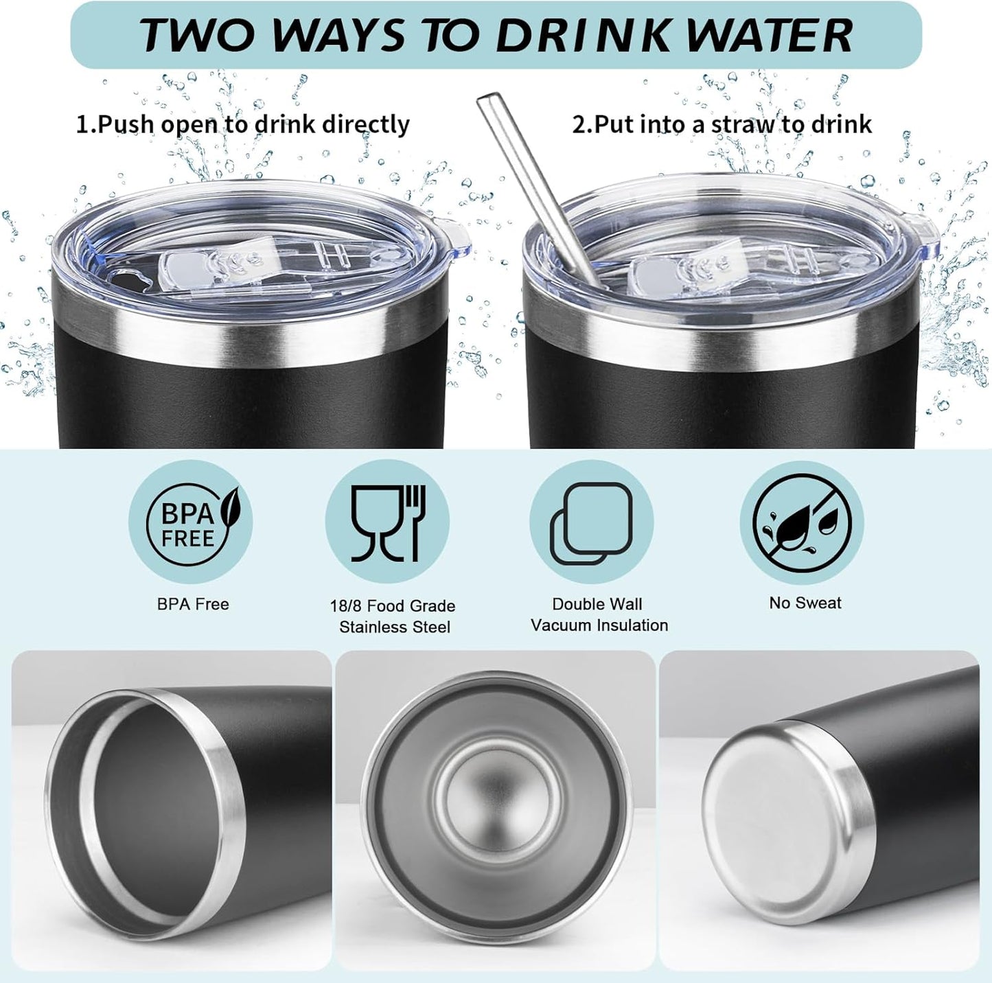 20oz Tumbler with Straw and Brush, Stainless Steel Vacuum Insulated tumbler, Double Wall Insulated Coffee Tumbler for Outdoor, Home, Travel,Office (Black,1pcs)
