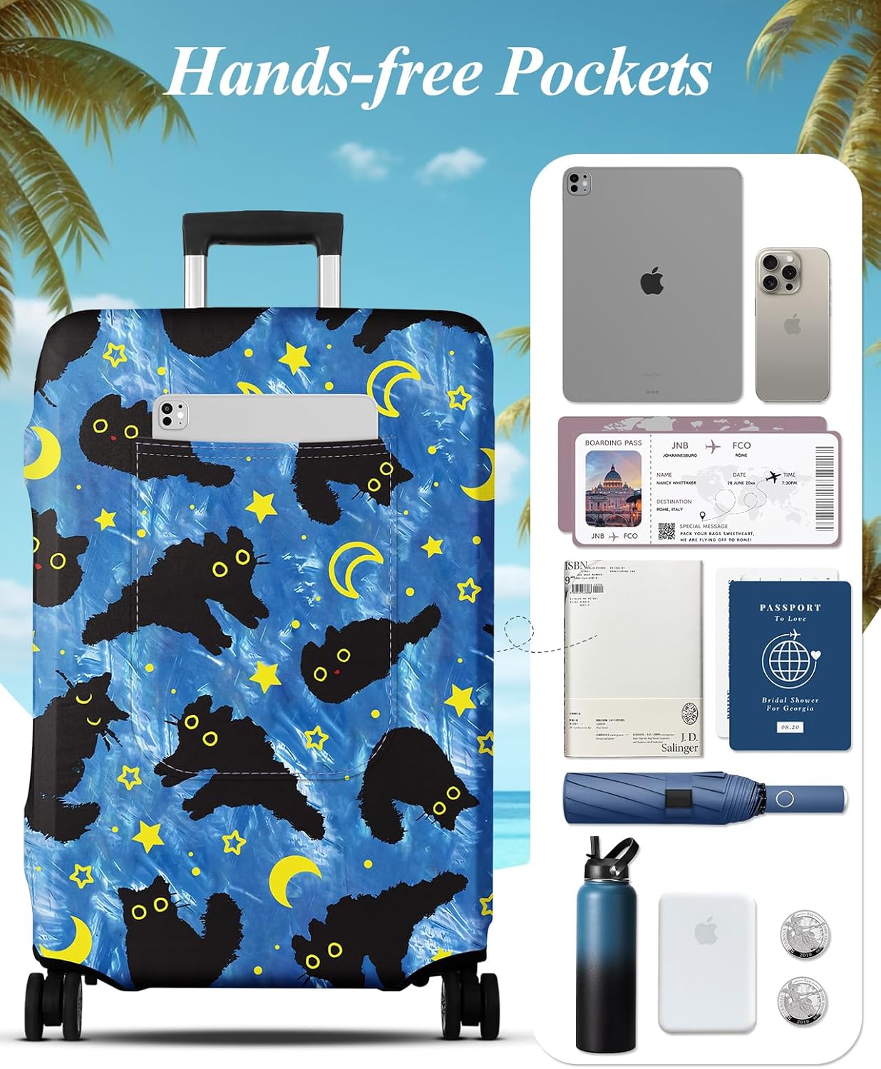 Slohif Luggage Cover for Suitcase Tsa Approved Protector - Luggage Sleeve Large Suit Case Cover Travel Stretch Baggage Case Protective Washable Fit 29-30 Inch Black Cat L