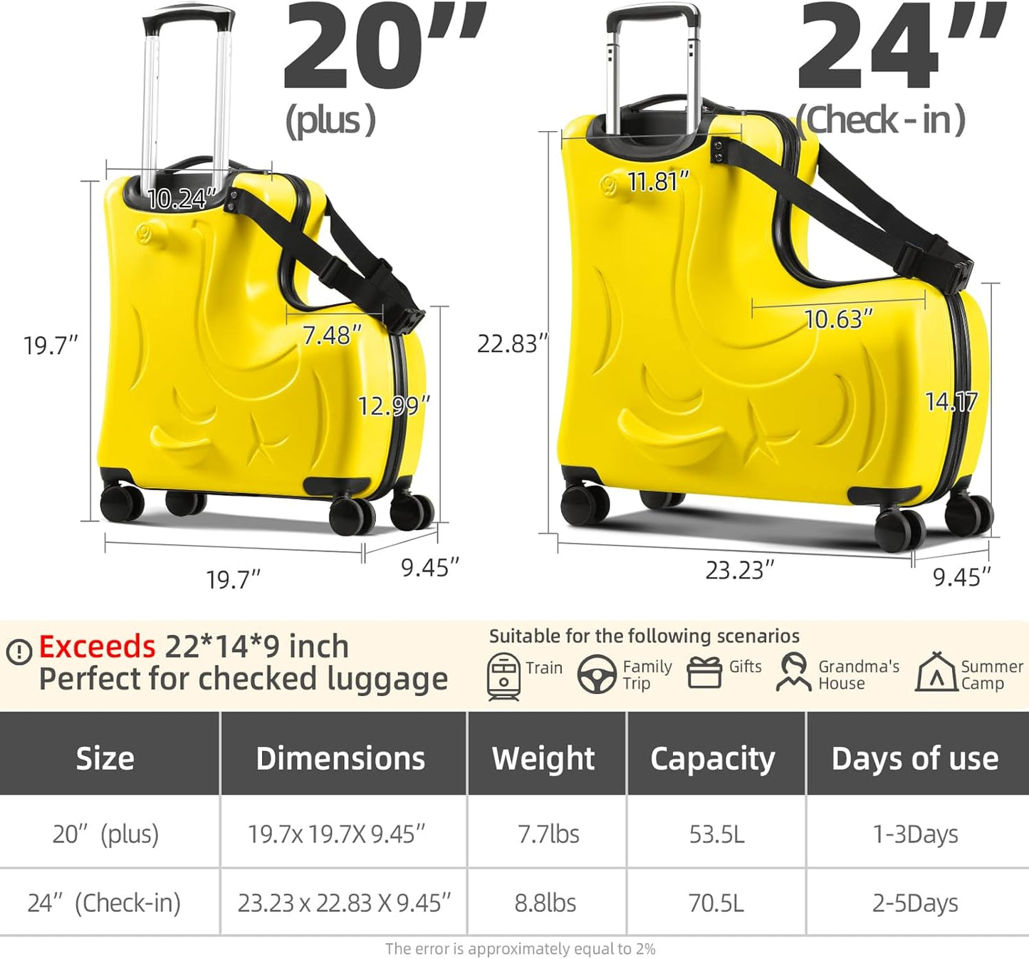 AO WEI LA OW Kids ride-on Suitcase carry-on Tollder Luggage with Wheels Suitcase to Kids aged 3-6 Years Old (Yellow, 20 Inch)