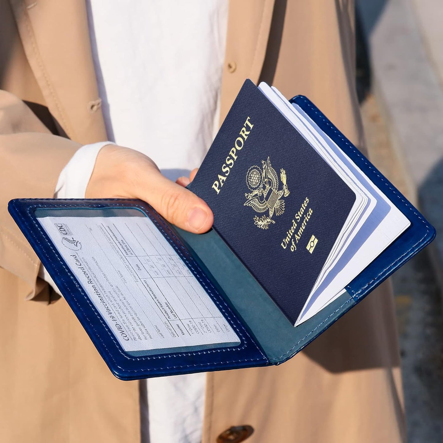 TIGARI Passport Holder for Travel Women Men, PU Leather Passport Wallet Cover Case Sleeve, Waterproof Protected Document Organizer, Family Vacation Plane Cruise Travel Essentials-Blue