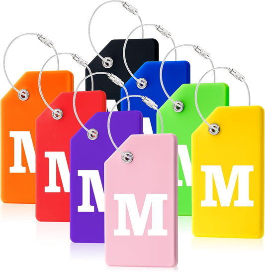 8 Pcs Luggage Tags for Suitcases, 26 Initial Letter Travel Luggage Baggage Identification Labels ID Tags Fully Bendable Tags with Stainless Steel Loop (Letter M, Colorful)