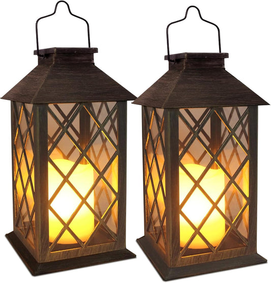 SHYMERY Solar Lanterns, Hanging Outdoor Lantern with Lasts 2X Longer LED Flickering Flameless Candles, Waterproof Outdoor Garden Lanterns Decorative for Patio, Porch,Deck, Yard, Table Decor 2 Pack