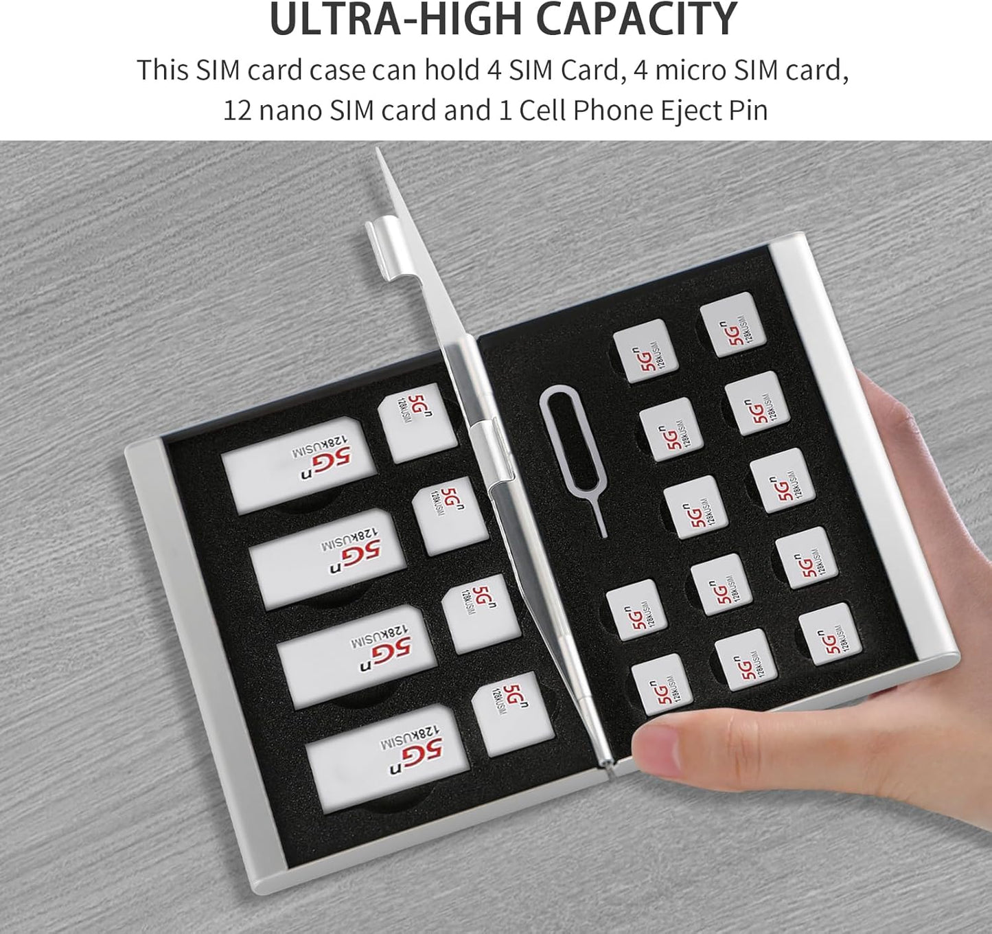 Aluminum SIM Card Case, 21Slots Ultrathin SIM Card Holder, Fit for 4 SIM Card, 4 Micro sim Card, 12 Nano sim Card and 1 Cell Phone Eject Pin Slots, Silver