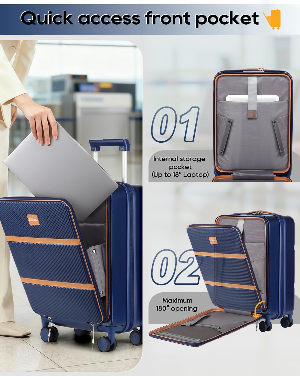 Joyway Carry on Luggage Airline Approved with Front Pocket, Hardside 20 Inch Travel Luggages with Cup Holder, Carry-on Suitcase with Spinner Wheels for Men and Women (Blue, 20 Inch)