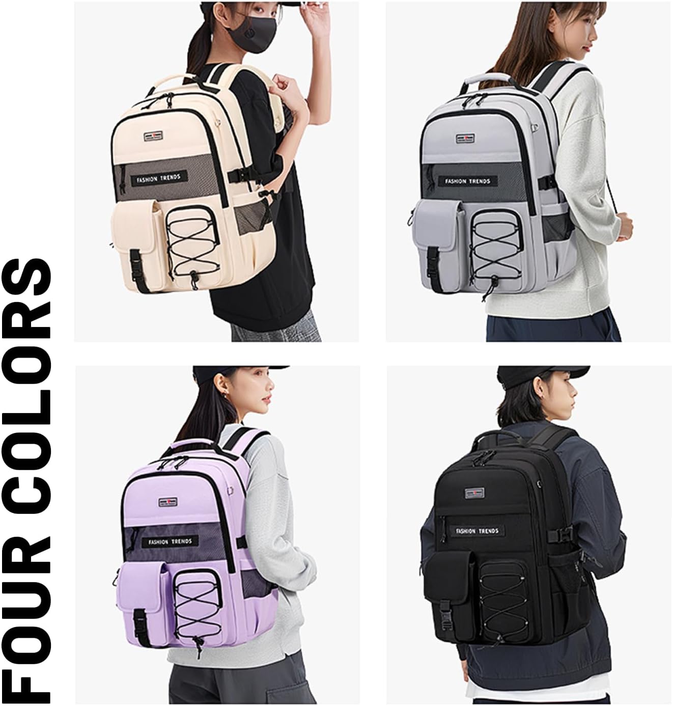 Lohol Multi-Pocket Backpack with 15.6 inch Laptop Compartment, Water Resistant Bookbag for School College and Travel (Beige)
