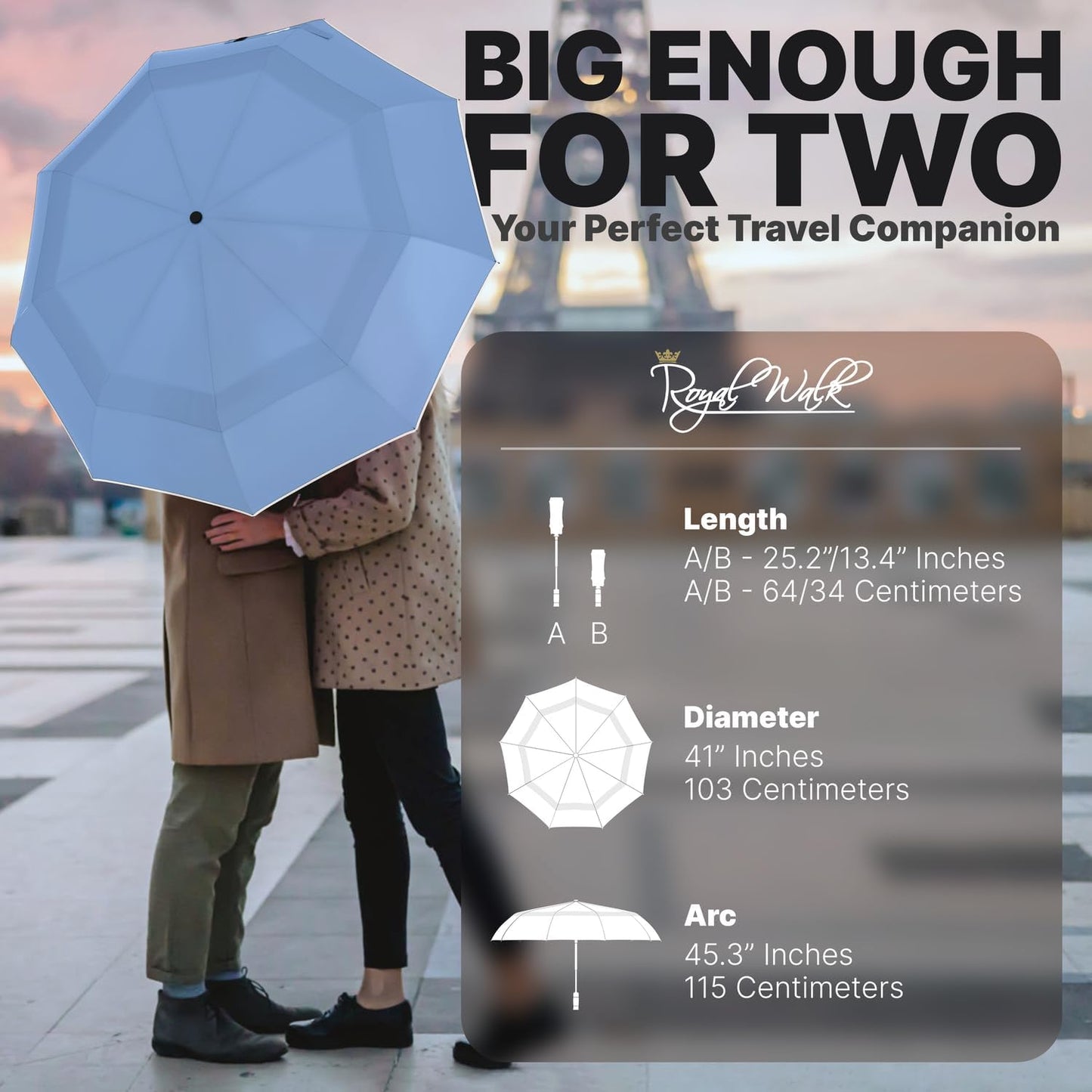 Royal Walk Windproof Folding Travel Umbrella Compact and Strong Luxurious Real Wood Handle Automatic Open Close Vented Double Canopy for Men and Women