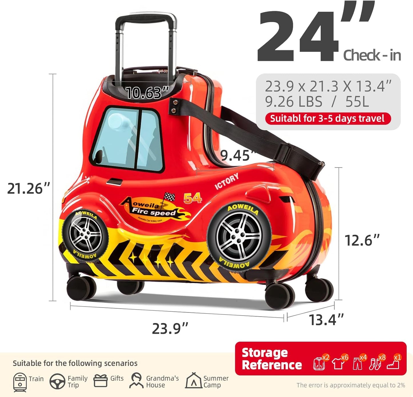 Kids Luggage Ride On Suitcase Travel with Wheels for Toddler Girls Boys Ages 3 4 5 6 8 12 Years Old 25 Inch Red Car 25-Inch