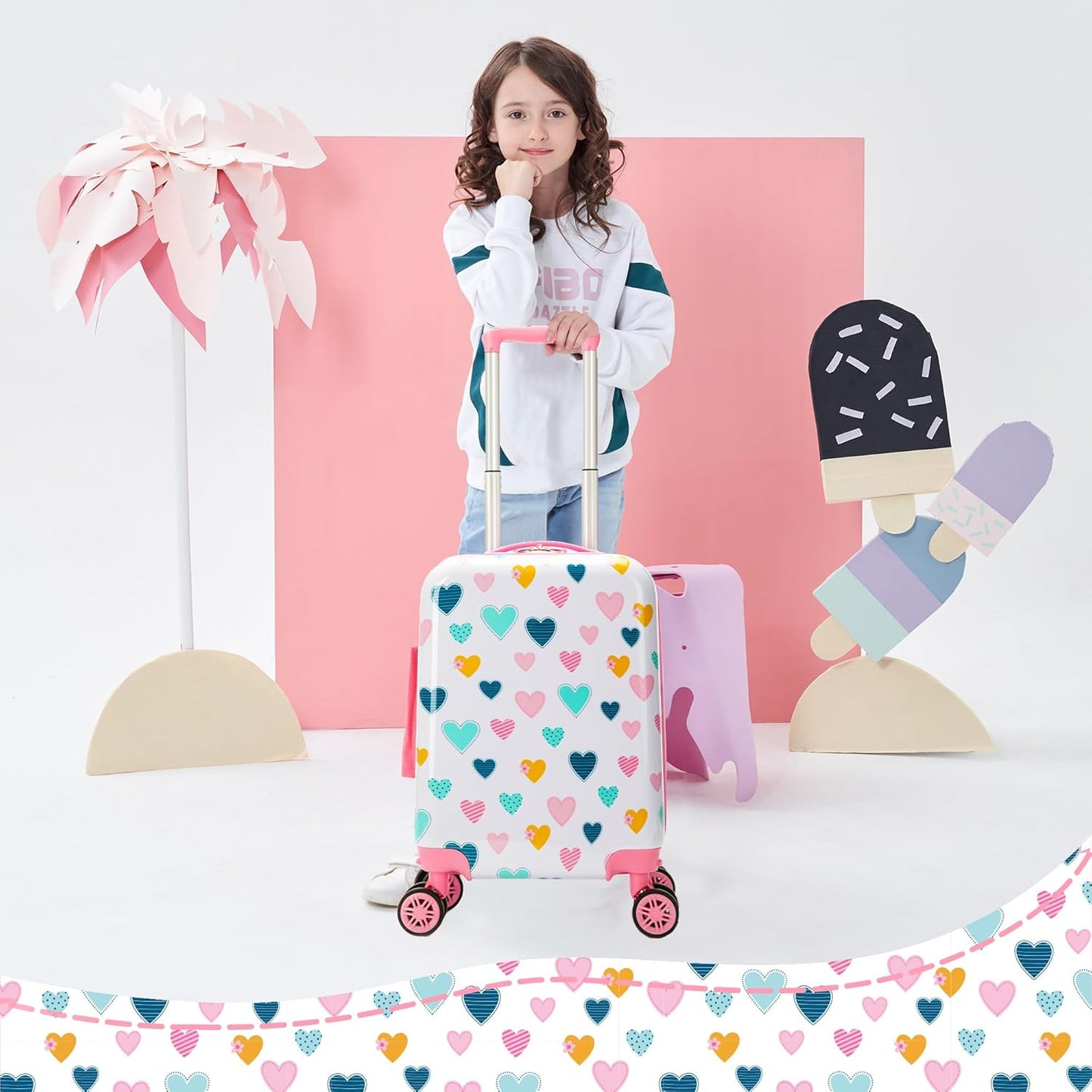Kid’s Luggage Set 5 Piece Suitcase Set 16’’ Hardside Luggage with Spinner Wheels Girls Carry on Toddler Travel Rolling Suitcase Carry on Luggage Airline Approved