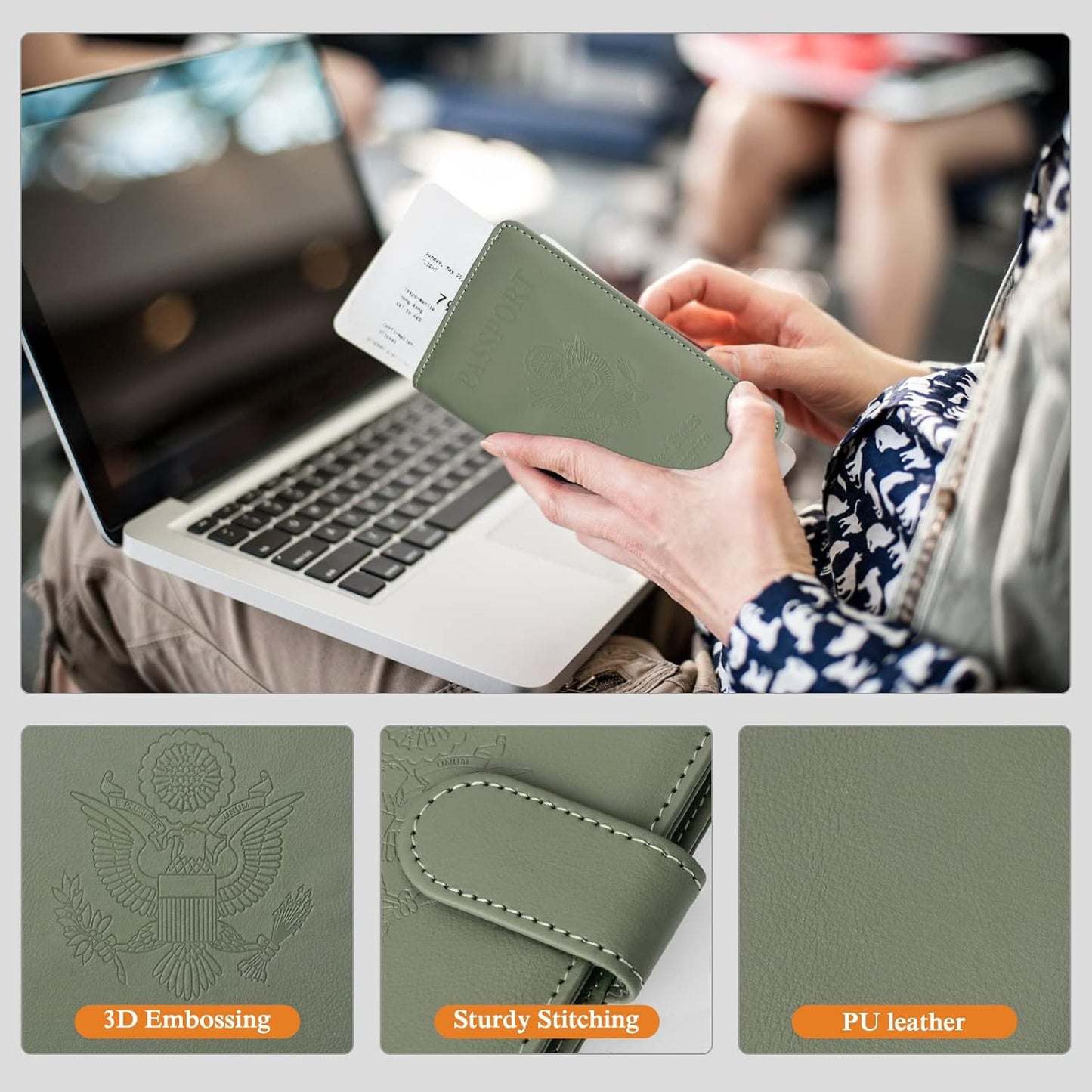TIGARI Passport Holder for Travel Women Men, PU Leather Waterproof RFID Passport Holder Wallet Cover Case Sleeve, Family Vacation Plane Cruise Travel Document Organizer Essentials-Green