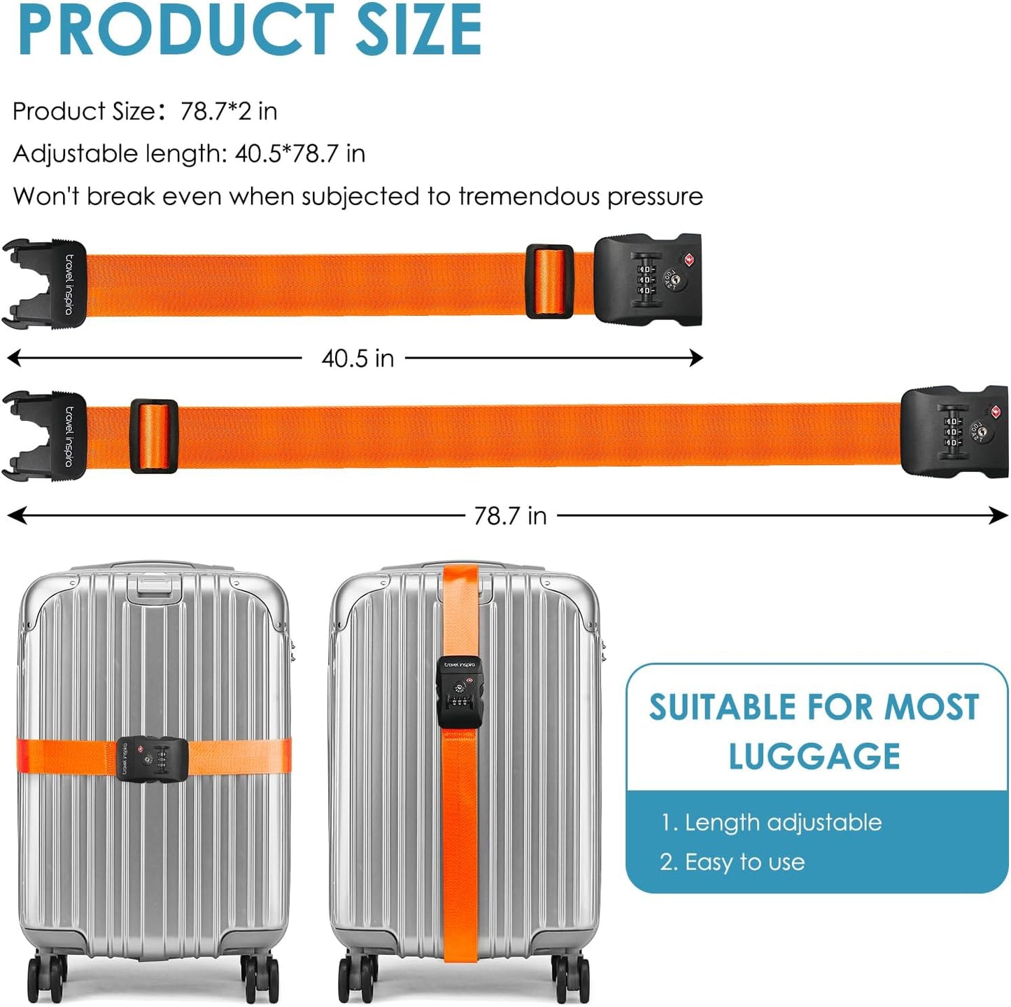 Travel Inspira Luggage Straps for Suitcases with TSA Lock, Protect Your Luggage Anti-Burst, High Visibility Color, Easy to Identify Luggage Adjustable Heavy Duty Belt for 20-32 Inch Suitcases