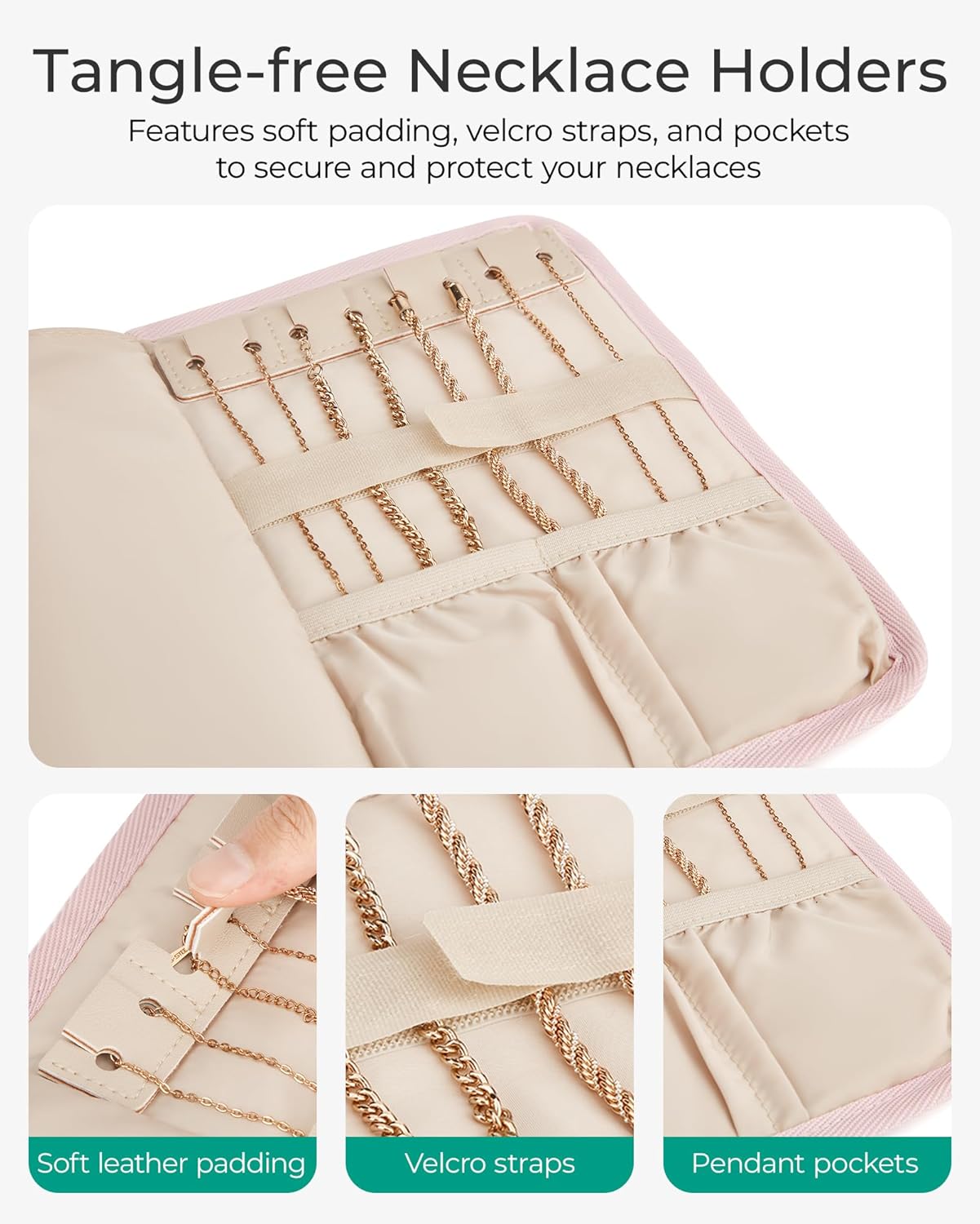 BAGSMART Travel Jewelry Organizer Case, Foldable Jewelry Roll for Necklaces, Earrings, Journey-Rings, Bracelets, Brooches, Portable, Beige
