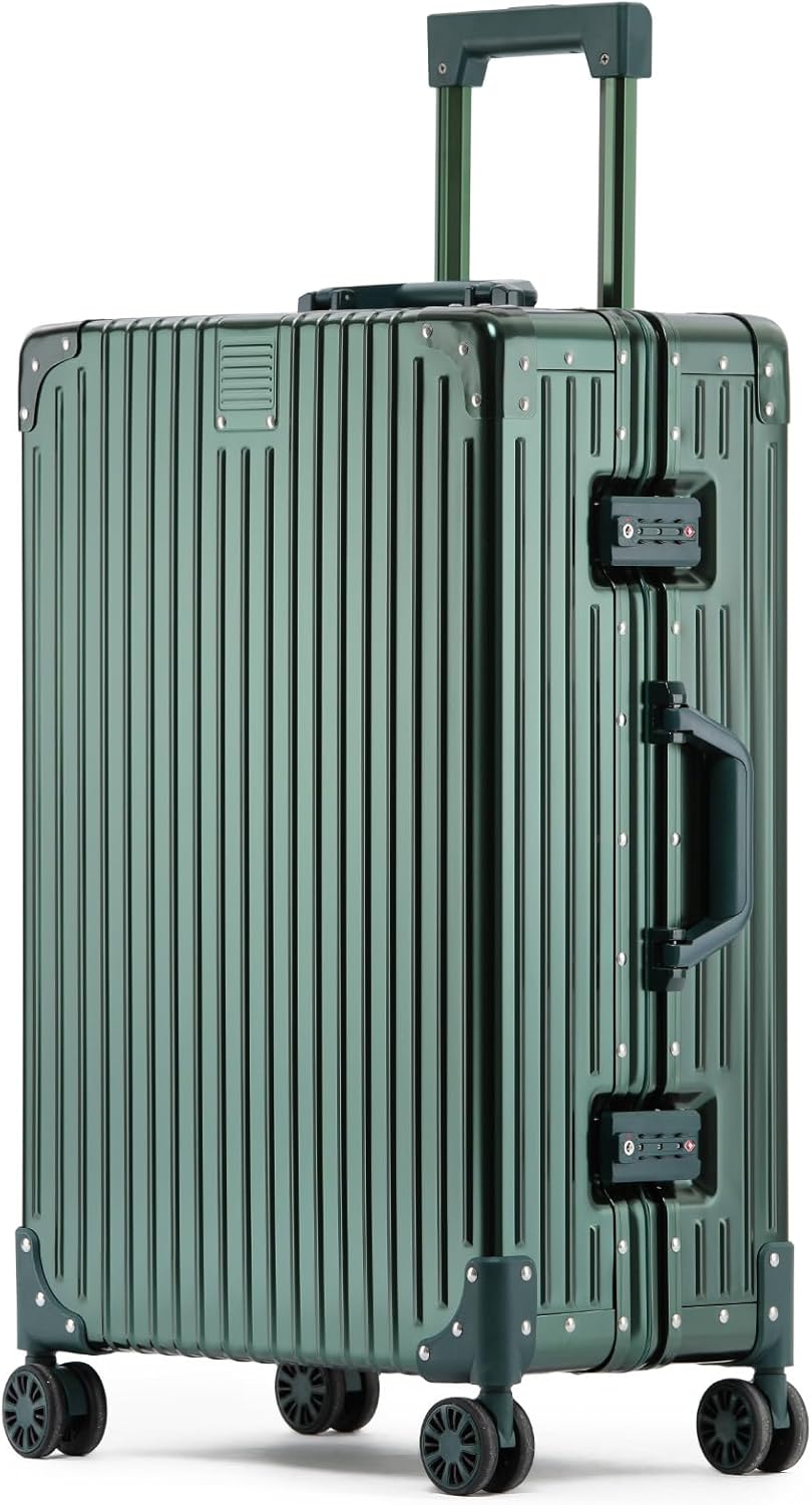 Metal All Aluminum Carry-on Luggage TSA Customs Lock Zipperless Silent Rotary Wheel Business Suitcase Aluminum Frame Set (dark green, 24 '')