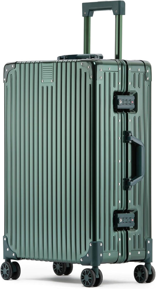 Metal All Aluminum Carry-on Luggage TSA Customs Lock Zipperless Silent Rotary Wheel Business Suitcase Aluminum Frame Set (dark green, 24 '')