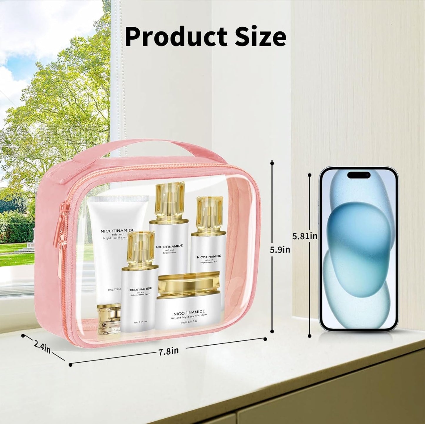 TSA Approved Travel Toiletry Bag,4 Pack Clear Makeup Bags with Handles,Quart Size Clear Cosmetic Bags for Traveling Women,Men,Carry on Airport Airline Compliant Bag,Pink