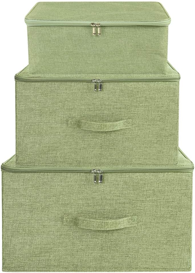 ANMINY 3PCS Storage Bins with Zipper Lids 51.9 Qt Lidded Fabric Storage Boxes Baskets Cubes with Handles Collapsible Washable Cotton Linen Closet Shelf Clothes Organizer - Green, Extra Large