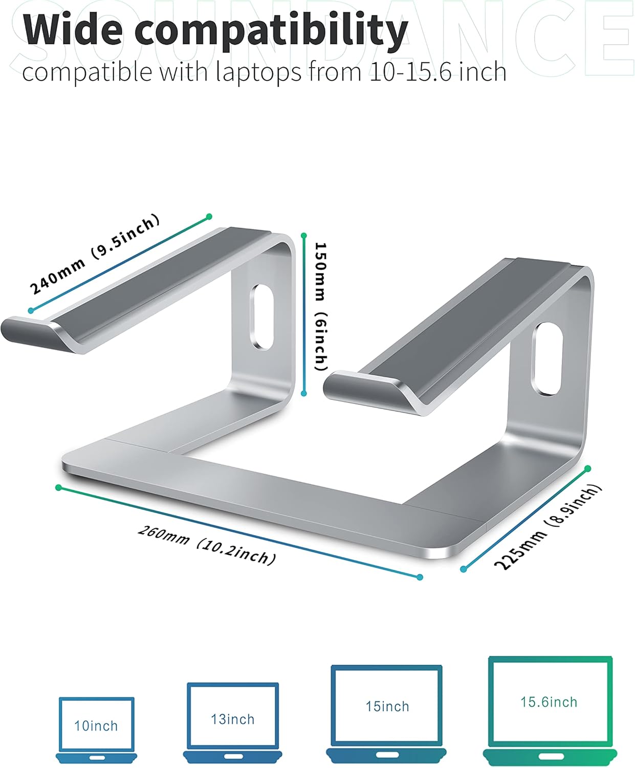 SOUNDANCE Laptop Stand, Aluminum Computer Riser, Ergonomic Laptops Elevator for Desk, Metal Holder Compatible with 10 to 15.6 Inches Notebook Computer, Silver