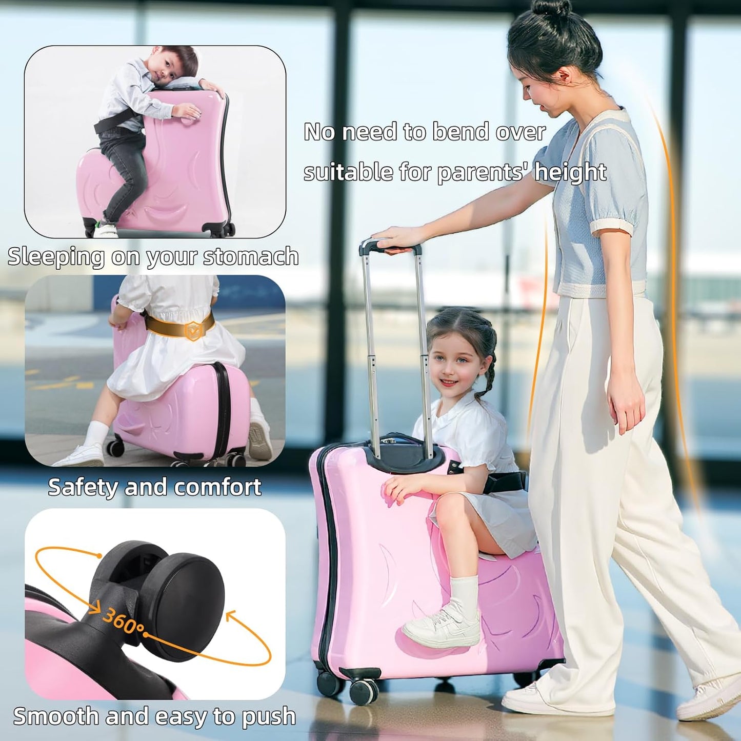 AO WEI LA OW Duffel Bag for Kids Ride-On Suitcase Carry-On Luggage with Wheels (Pink, 24 Inch(suggest 6-12 years old))