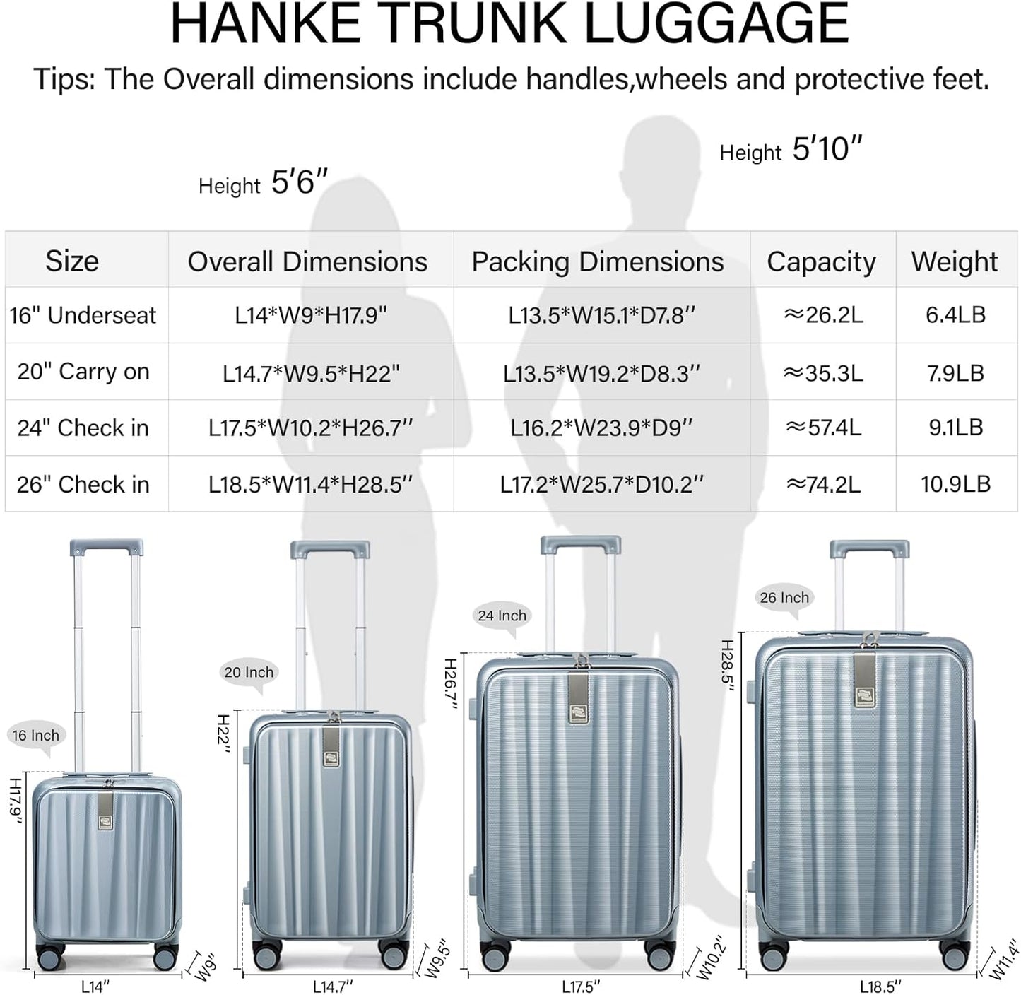 Hanke 16 Inch Underseat Carry On Suitcases with Wheels,Lightweight Hard Shell Carry on Luggage for Weekender,Top Opening Small Suitcase,Travel Luggage for Womem Men,Grey