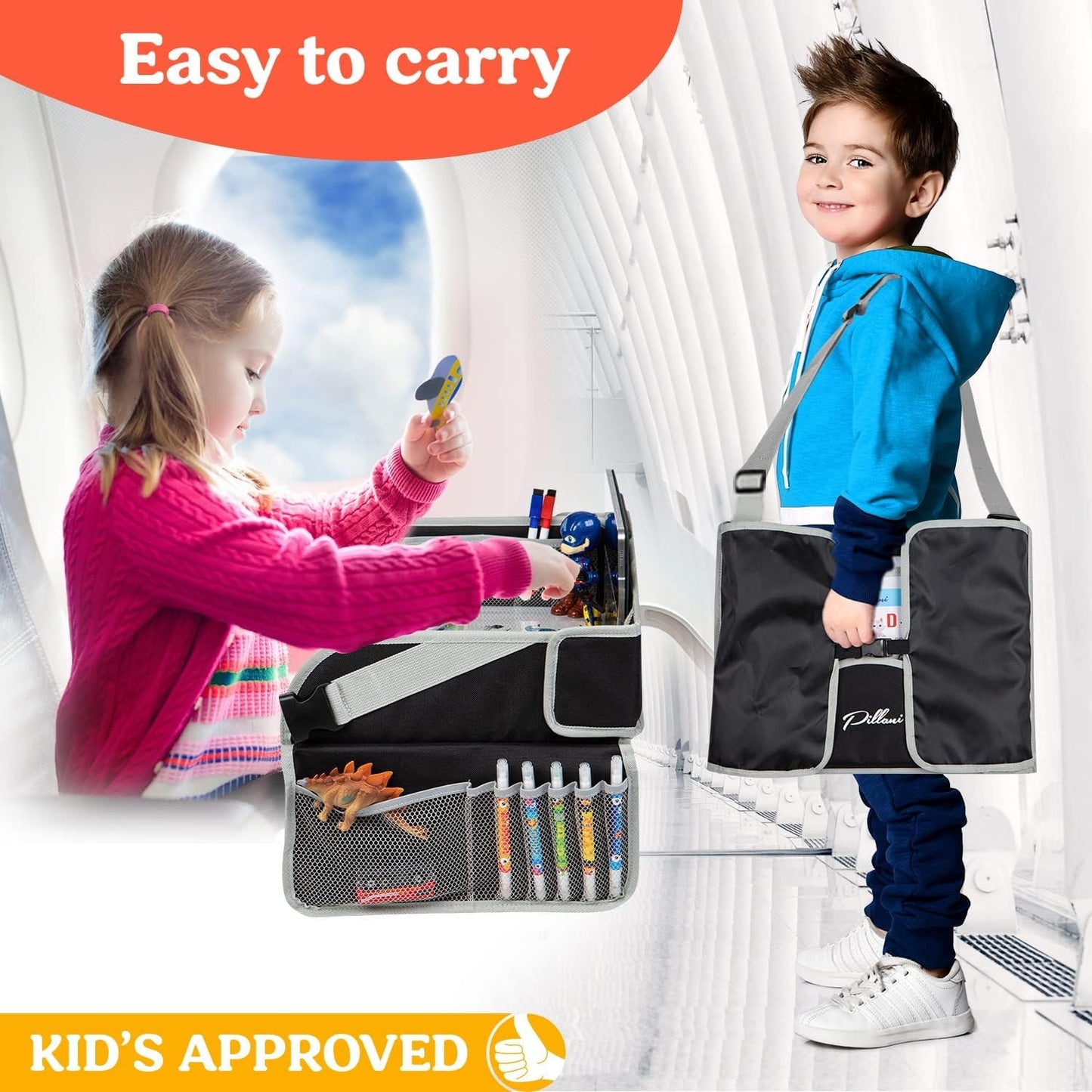 PILLANI Kids Travel Tray for Car - Car Seat Tray for Kids, Road Trip Essentials Must Haves - Carseat Table Roadtrip Activities - Toddler Lap Desk Organizer for Airplane - Travel Essentials - Pack of 2