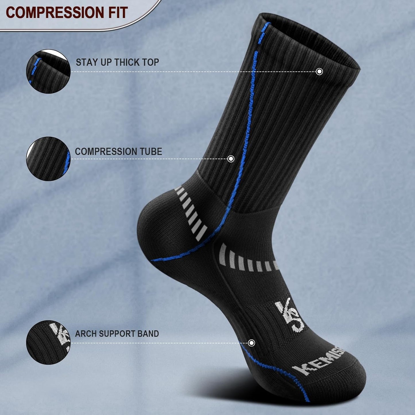 BULLIANT Compression Socks for Men 6Pairs, Athletic Crew Socks Cushioned For Men Sports Running-Arch Support