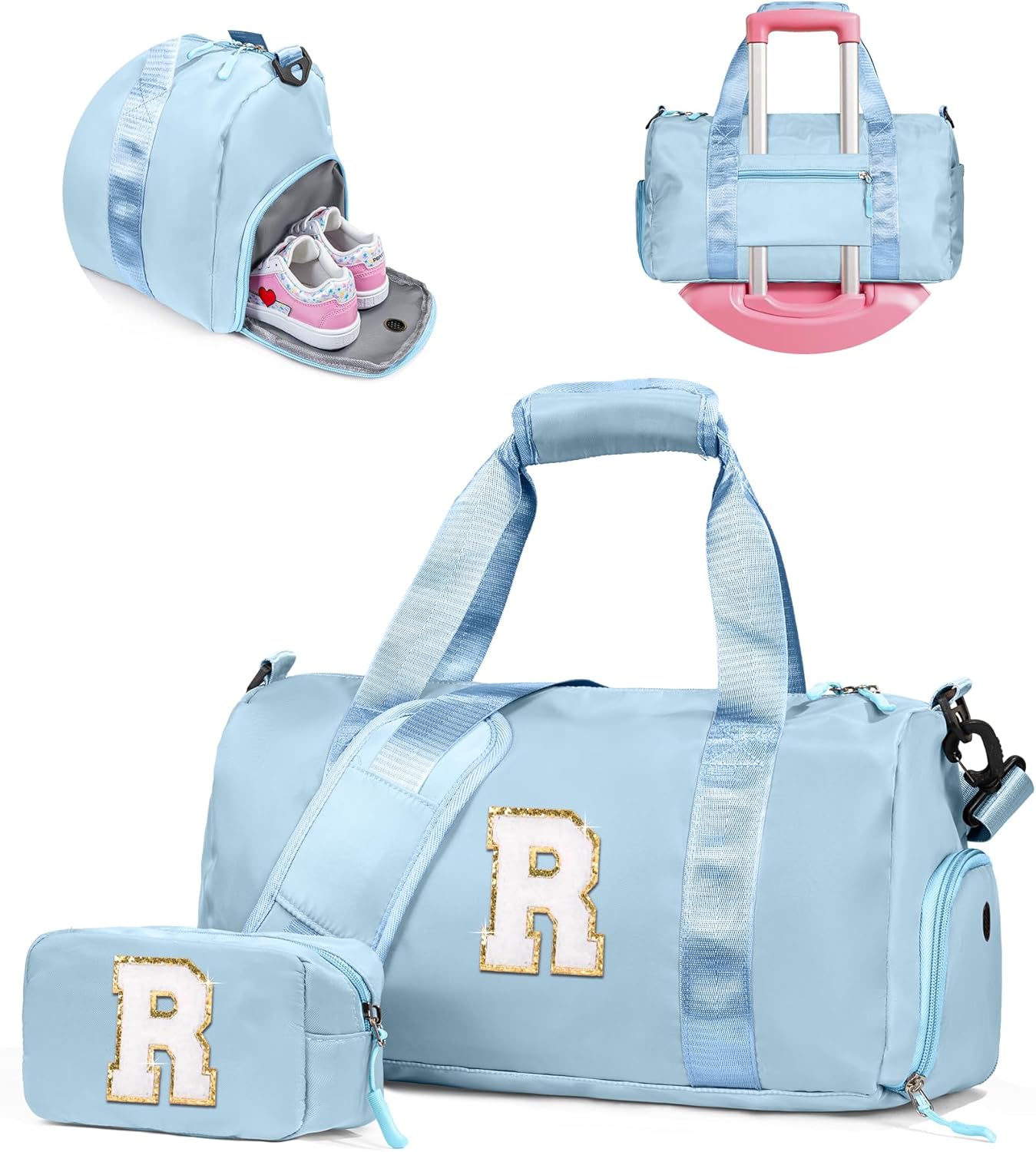 Easter Gifts for Kids-Girl Gym Bag with Shoe Compartment, Kid Personalized Weekender Overnight Bags, Initial Travel Tote with Makeup Pouch, Valentines Day Gift for Girls (Letter R)
