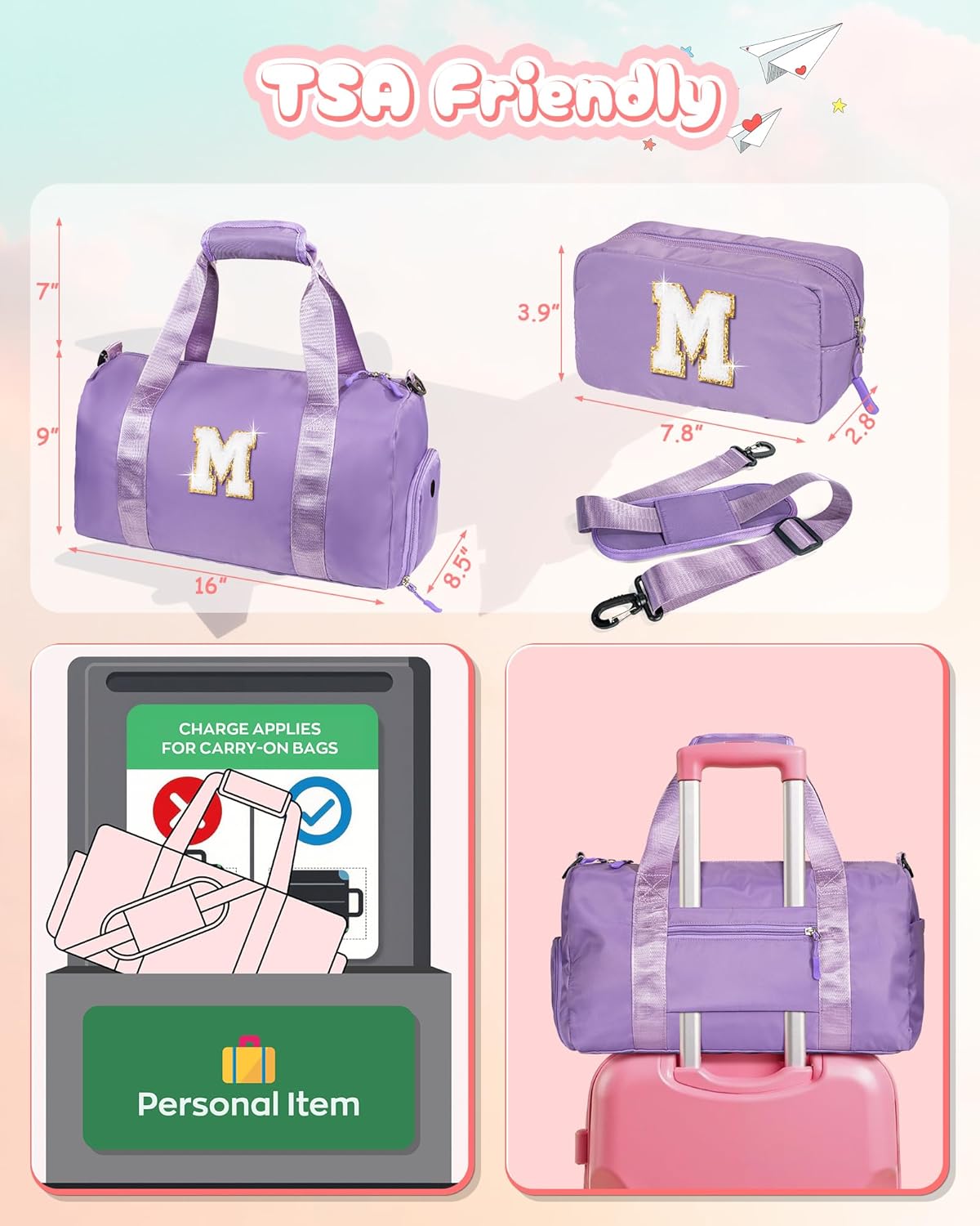 Easter Gifts for Teens Girls-Girl Gym Bag with Shoe Compartment, Kid Personalized Weekender Overnight Bags, Initial Travel Tote with Makeup Pouch, Gift for 3 4 5 6 7 Year Old Kids (Letter T)