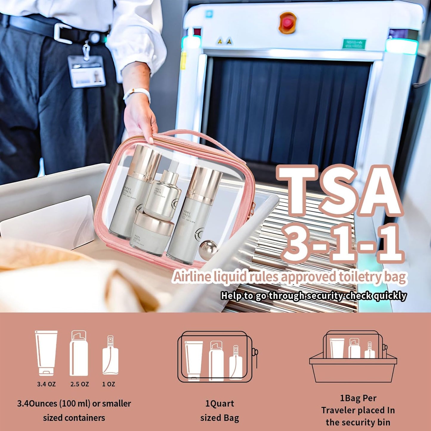 TSA Approved Travel Toiletry Bag,3 Pack Clear Makeup Bags with Handles,Quart Size Clear Cosmetic Bags for Traveling Women,Men,Carry on Airport Airline Compliant Bag,Pink