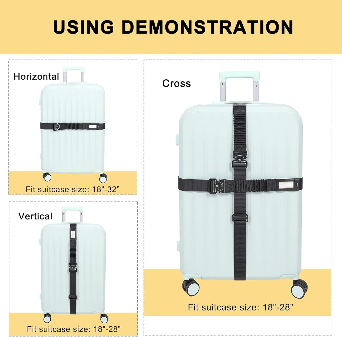 Vigorport Luggage Straps for Suitcases TSA Approved Suitcase Belt, Stretchable Travel Strap for Luggage, Heavy Duty Metal Buckle Luggage Belt Strap 72" Long (4PK)
