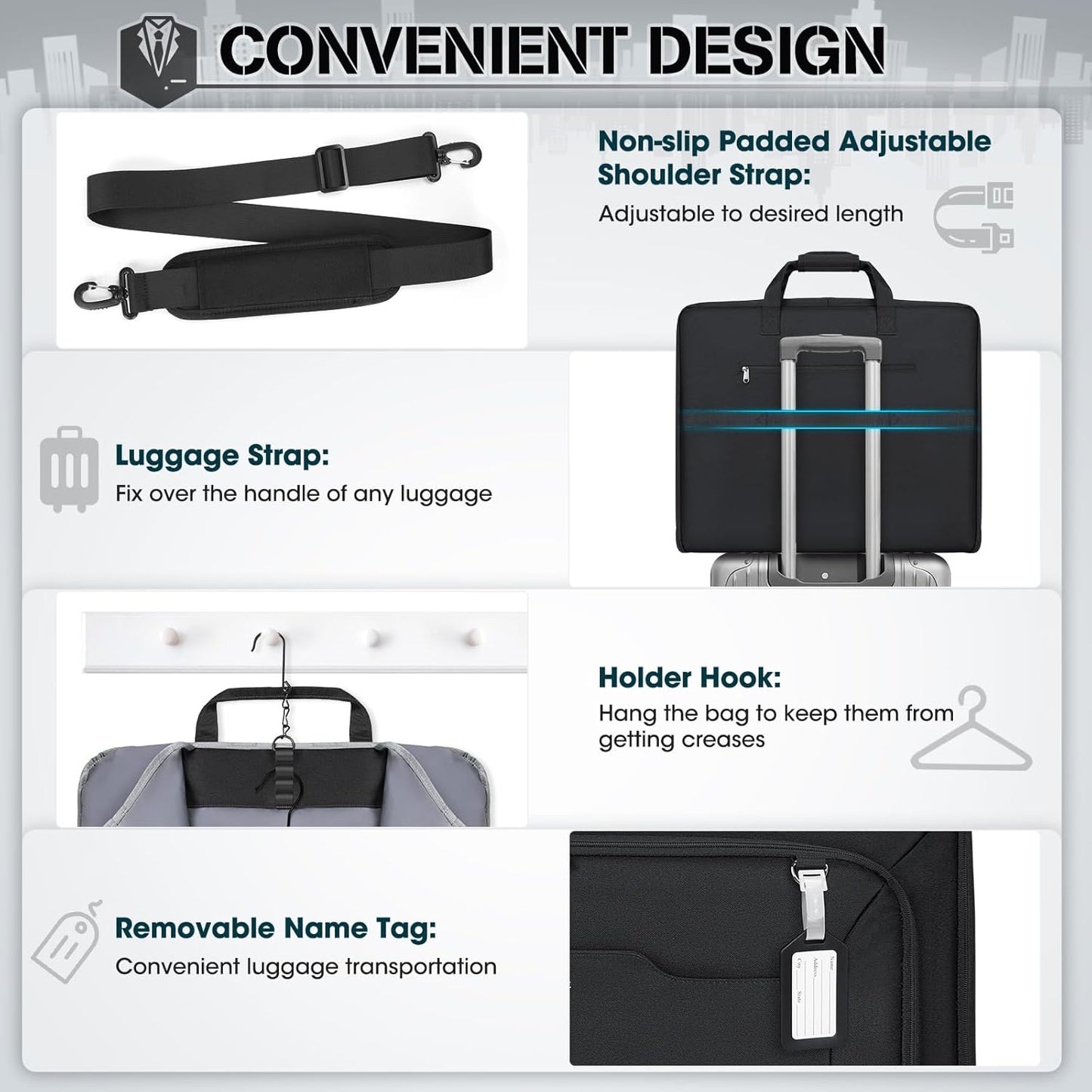 RAINSMORE Garment Bags for Travel Carry On Garment Bag for Hanging Clothes, Suit Bag for Business Trips with Shoes bag & Shoulder Strap, Waterproof Foldable Suit Luggage Bag for Men Women, Black