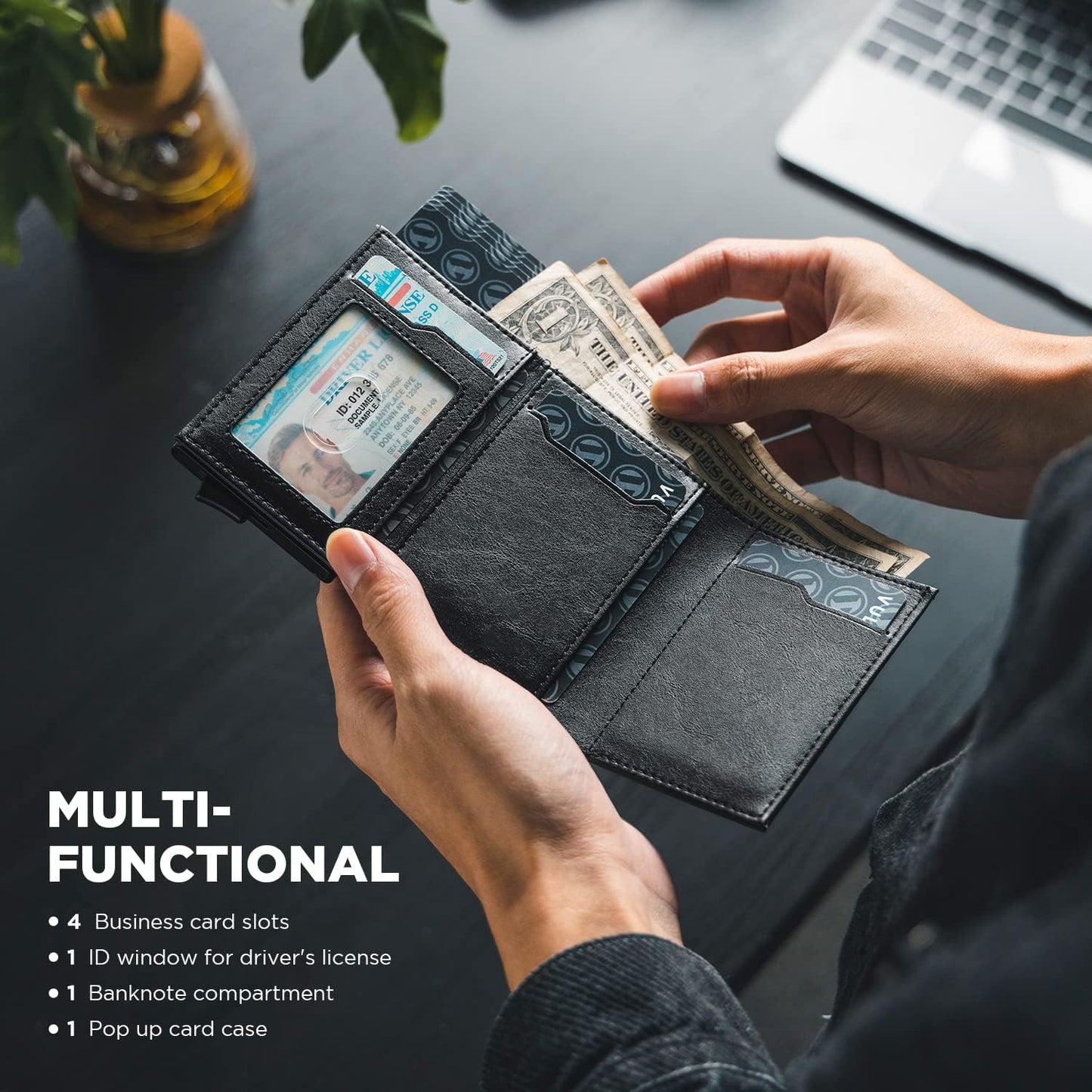 VULKIT Pop up Card Wallet Minimalist Cash Wallets RFID Blocking Leather Smart Credit Card Holder with ID window for Men(Black)