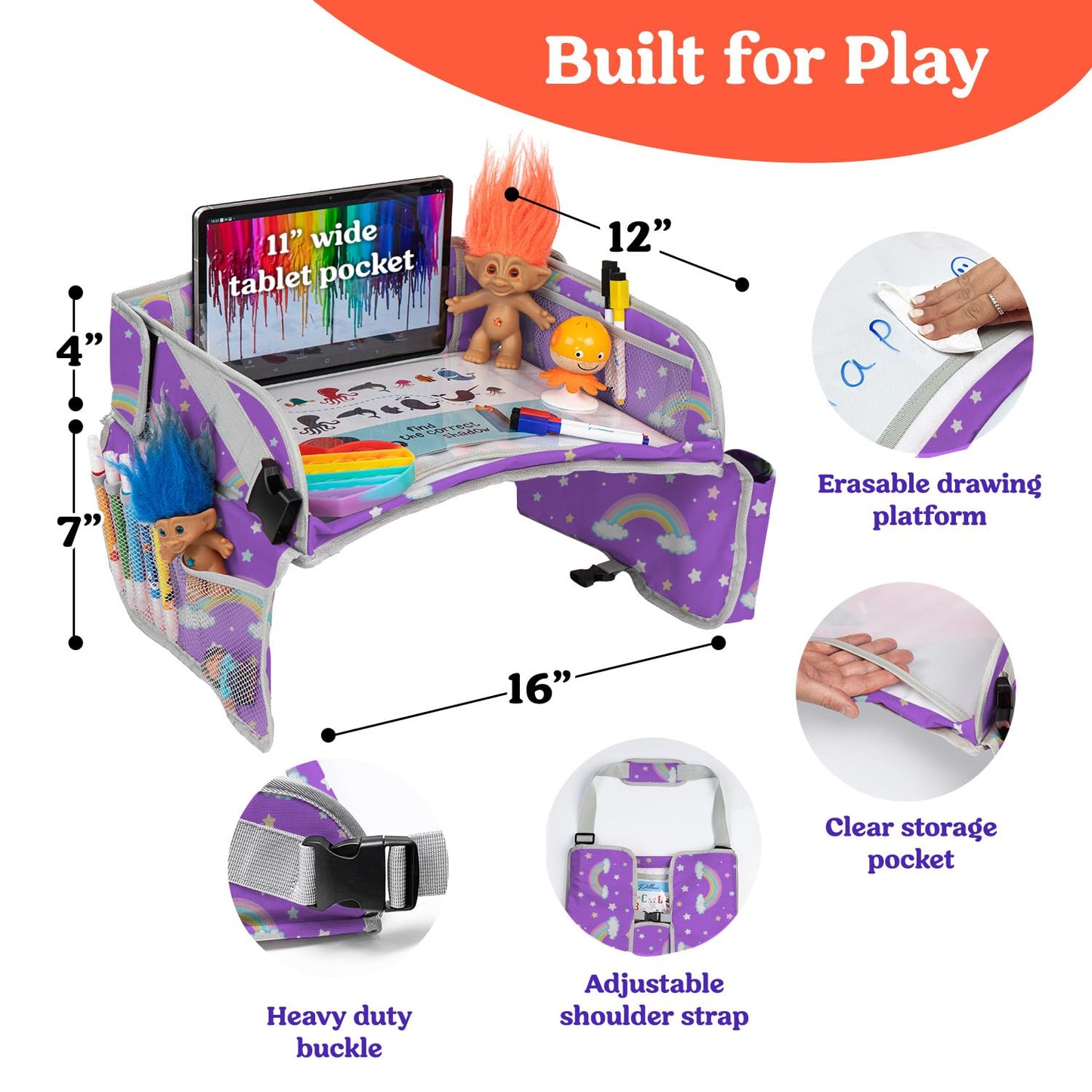 PILLANI Kids Travel Tray for Car - Car Seat Tray for Kids Travel, Road Trip Essentials Must Haves - Carseat Table Roadtrip Activities - Toddler Lap Desk Organizer for Airplane - Kids Travel Essentials