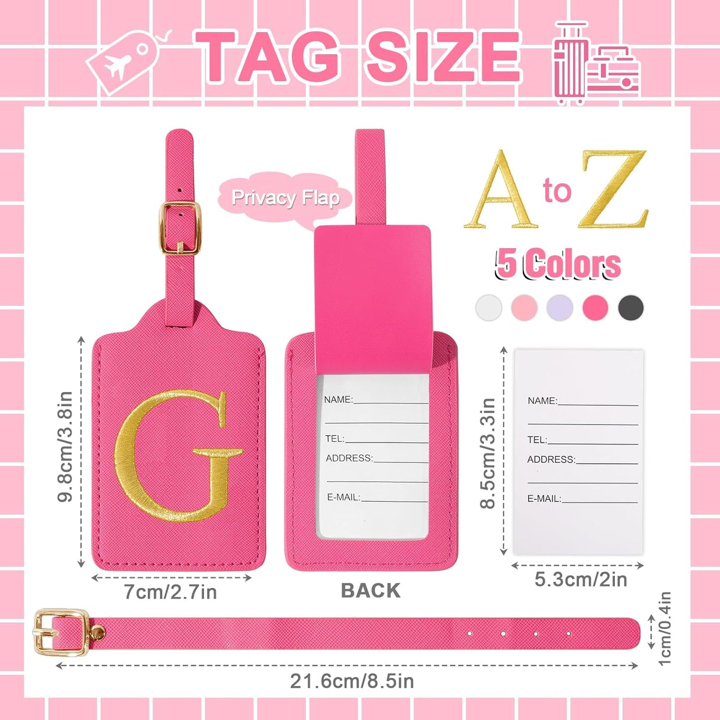 Personalized Rose Red Leather Initial Luggage Tags with Privacy Cover Name Card, Custom Monogram Embroidered Cute Suitcase Tags for Women Kids