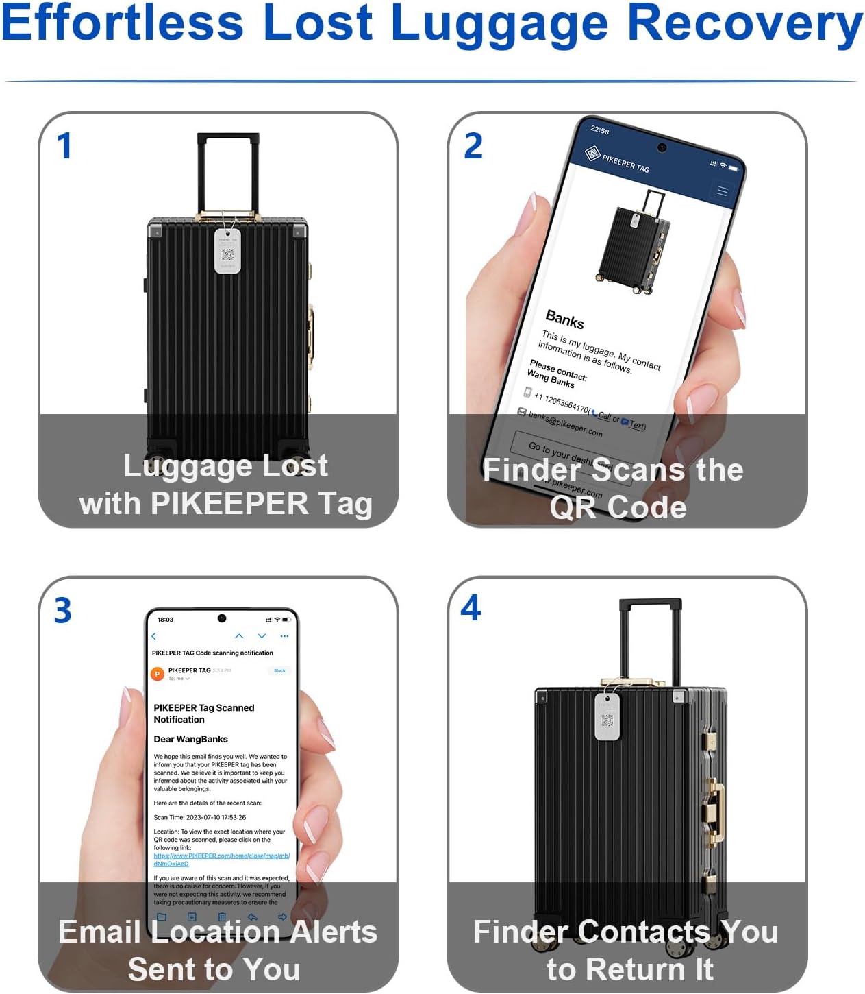 Smart QR Code Luggage Tags - Show Location When Scanned, Customizable Info with Privacy Protection, 4-Pack Waterproof & Durable Travel Labels for Suitcases, Backpacks & More