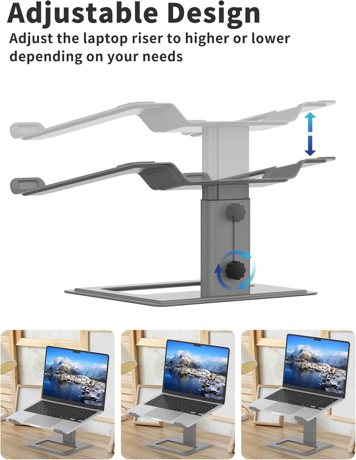 SOUNDANCE Adjustable Laptop Stand for Desk, Computer Stand, Ergonomic Laptop Riser Holder Compatible with 10 to 17.3 Inches Notebook PC Computer, Aluminum Grey
