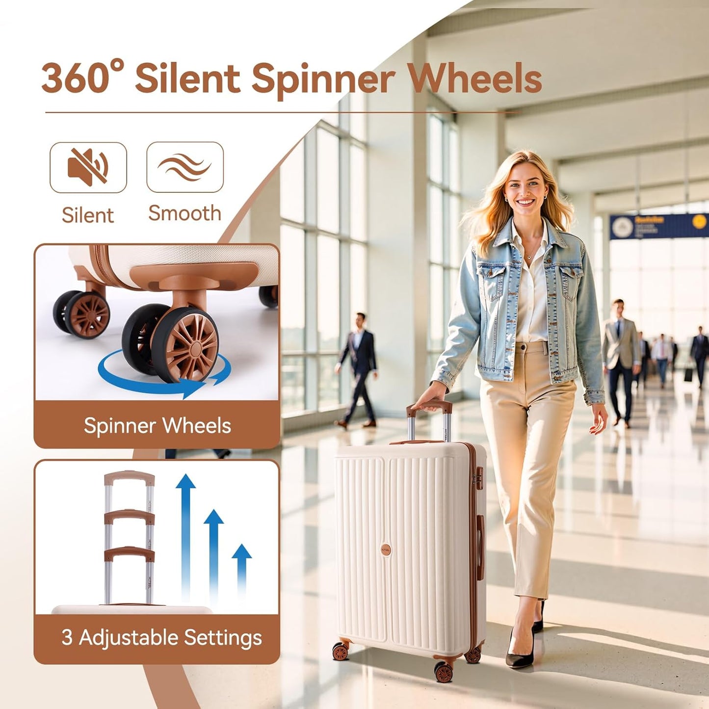 Hoteel 3 Piece Luggage Set with Spinner Wheels (4-YEAR WARRANTY), Carry on Luggage for Travel with TSA Lock, Hardshell ABS+PC Suitcase Set, 20" Suitcase + Expandable Duffel Bag + Cosmetic Bag(Beige)