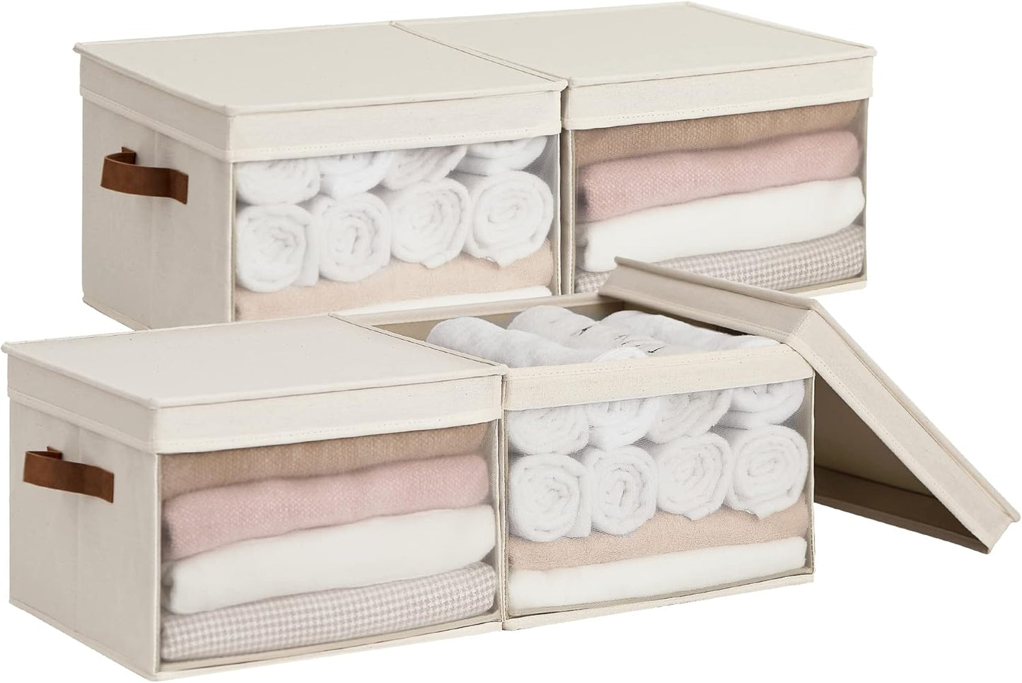 StorageWorks Storage Bins with Lid and Clear Window, Fabric Storage Boxes with Lids, Stackable Basket for Shelves, Closet Organizer and Storage Bins, Beige, Large, 4-Pack