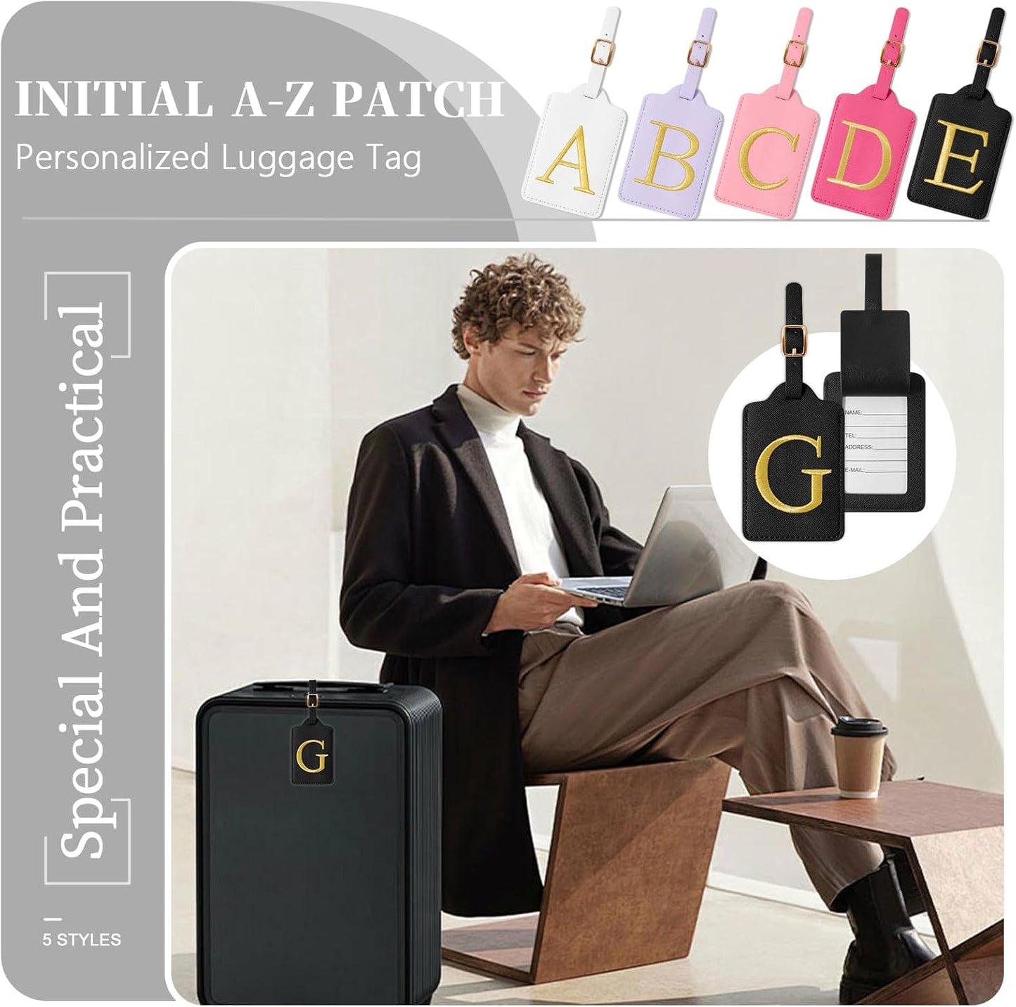 Personalized Initial Luggage Tags for Suitcase TSA Approved, Black Leather Cute Luggage Tag with Privacy Cover Name Card, Embroidered Custom Luggage Tags Travel Backpack Tags Gifts for Women Kids(G)
