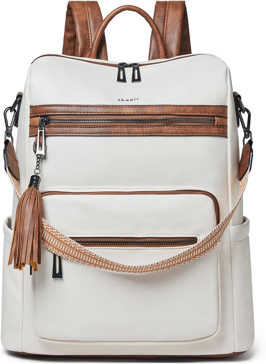 Shrrie 15.6 inch Laptop Backpack for Women,Large Leather Backpack Purse,Travel,Carry on,Water Resistant Casual Laptop Backpacks,College Backpack,Work Backpack for Women,Beige with Brown