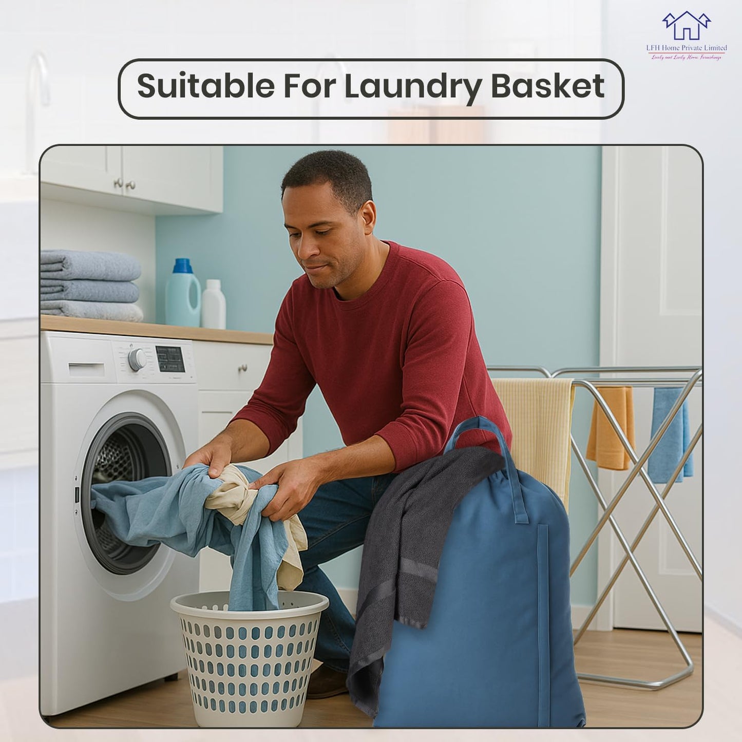 LFH Home Cotton Canvas Large Laundry Bag with Handle, Heavy Duty Drawstring Closure Washable Laundry Bags, School Travel, Home, Hotel, College Dorm, Organizer Sack, Toys Clothes 28x36-Sky Blue