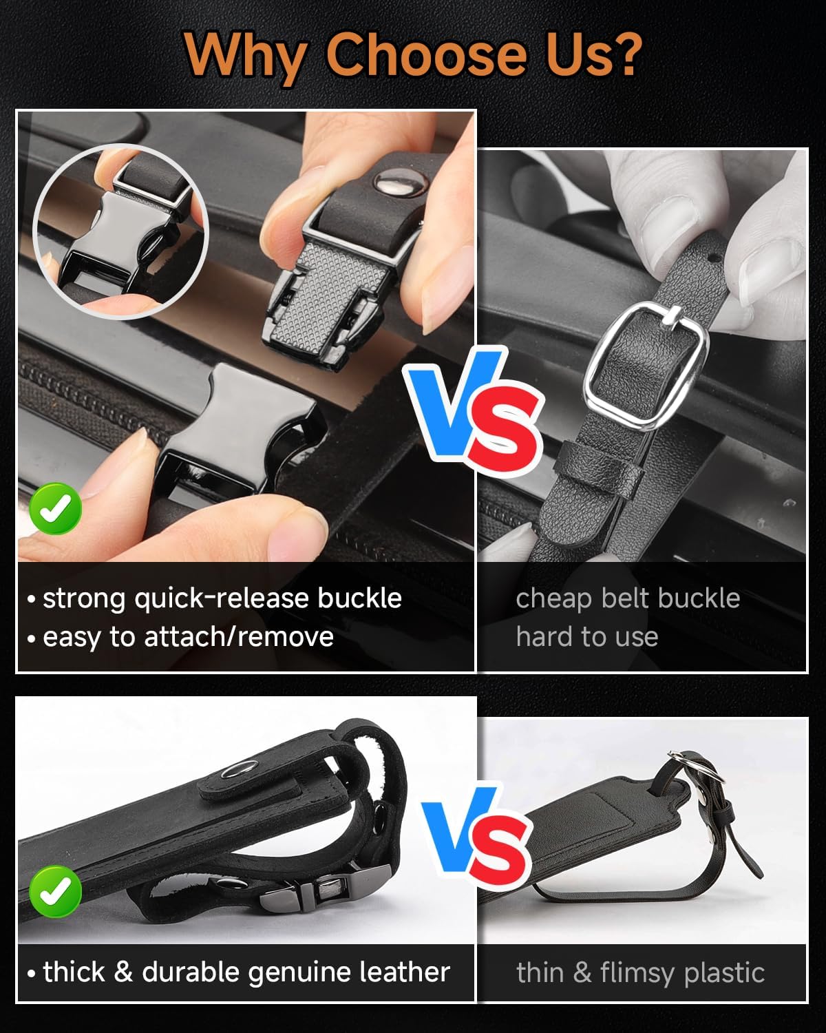 Premium Genuine Leather Luggage Tags for Suitcases - Quick Release, Privacy Protection, Elegant and Durable, Travel Essential Luggage Tag - 2 Pack Black